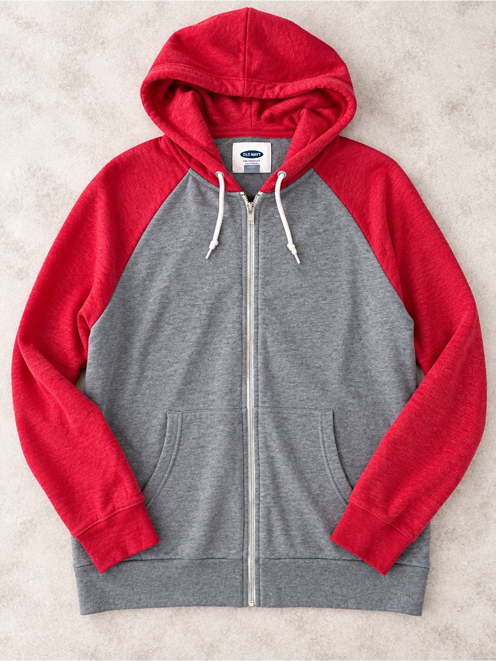 Old Navy Men’s Gray Red Color Block Raglan Zip Hoodie XL
